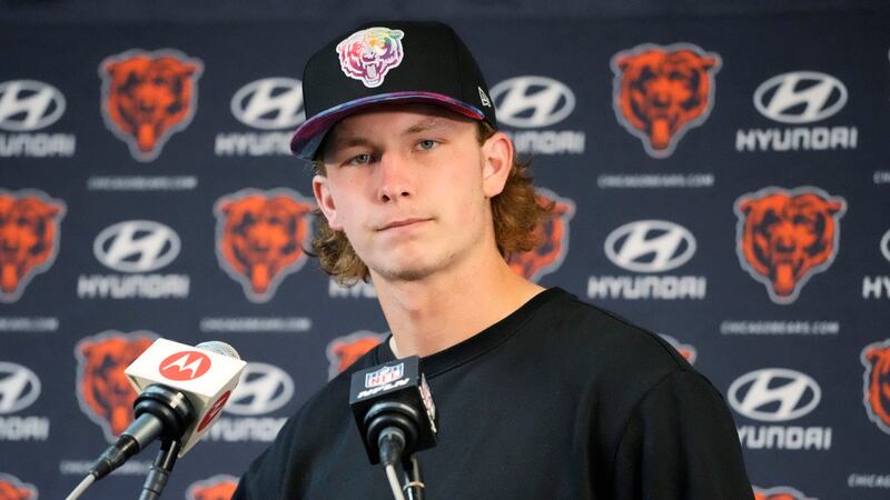 Chicago Bears quarterback Tyson Bagent listens to a question during a news conference after an...