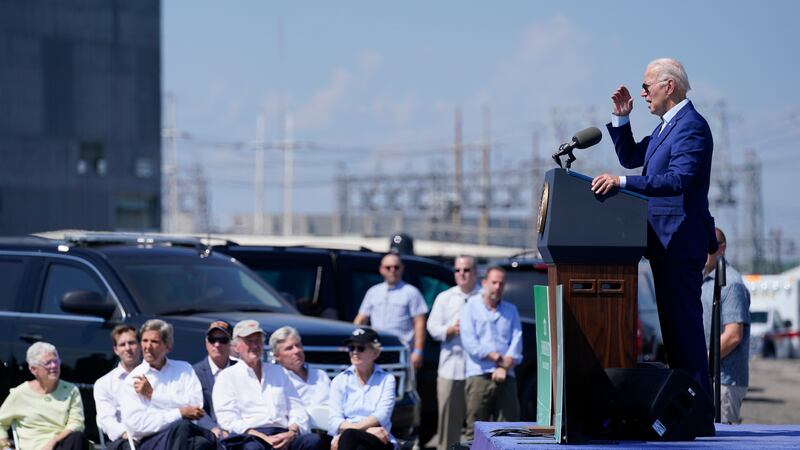 President Joe Biden speaks about climate change and clean energy at Brayton Power Station,...