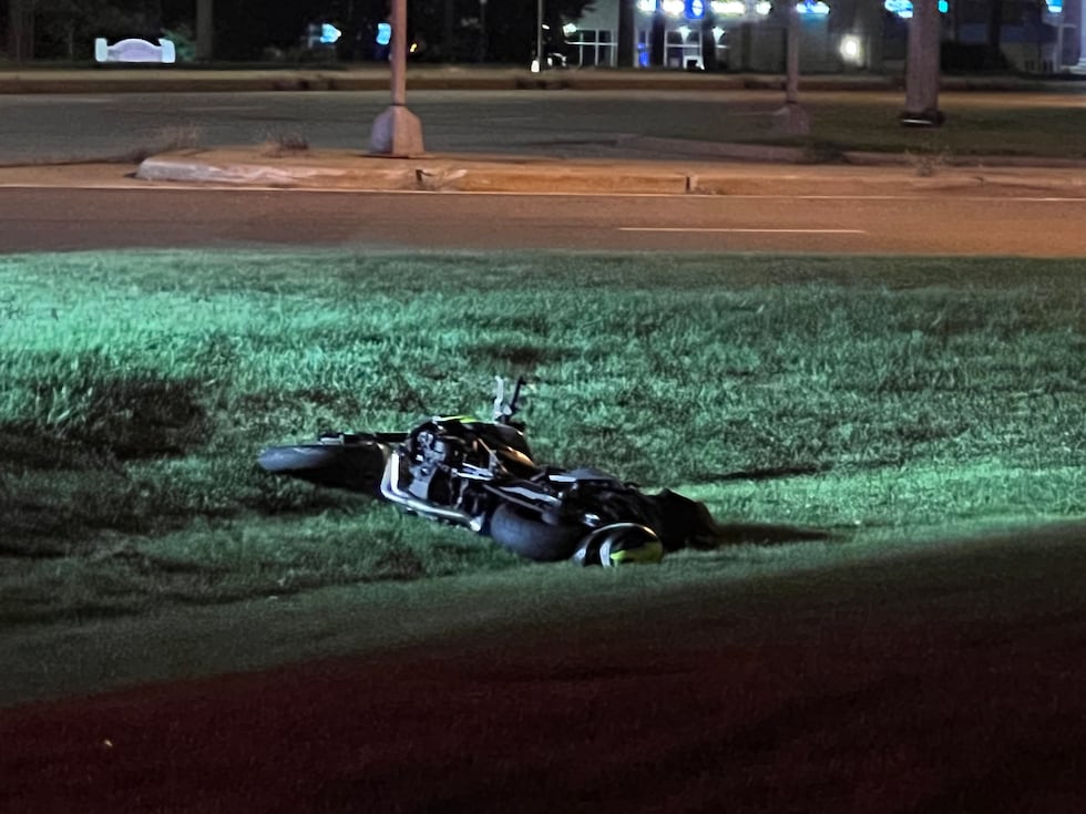 Motorcycle involved in crash with pedestrian wound up in a ditch off Veterans Parkway in...