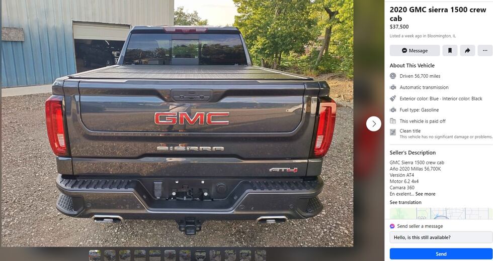 A listing for one of the stolen vehicles found at 917 W Front St. in Bloomington.