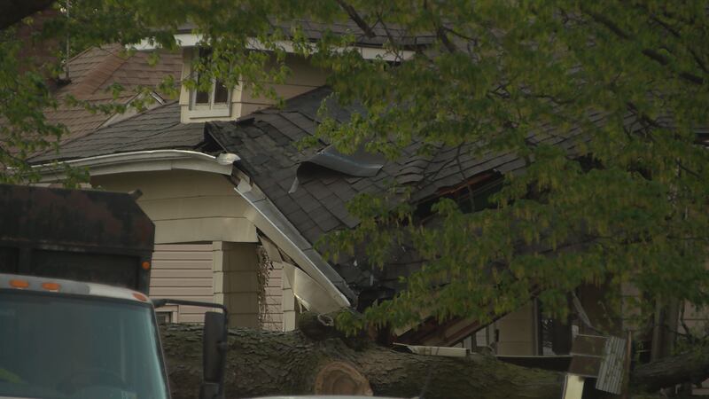 A fallen tree smashed the corner of a house on Caroline Street in Pekin.